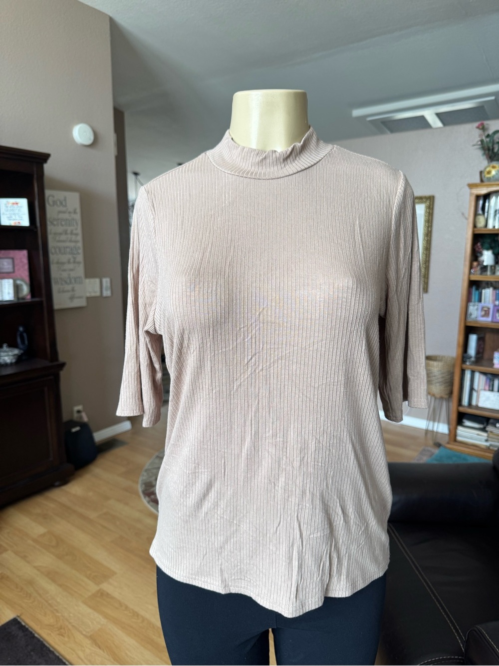 Cyrus light taupe ribbed mock neck short sleeve blouse-size L